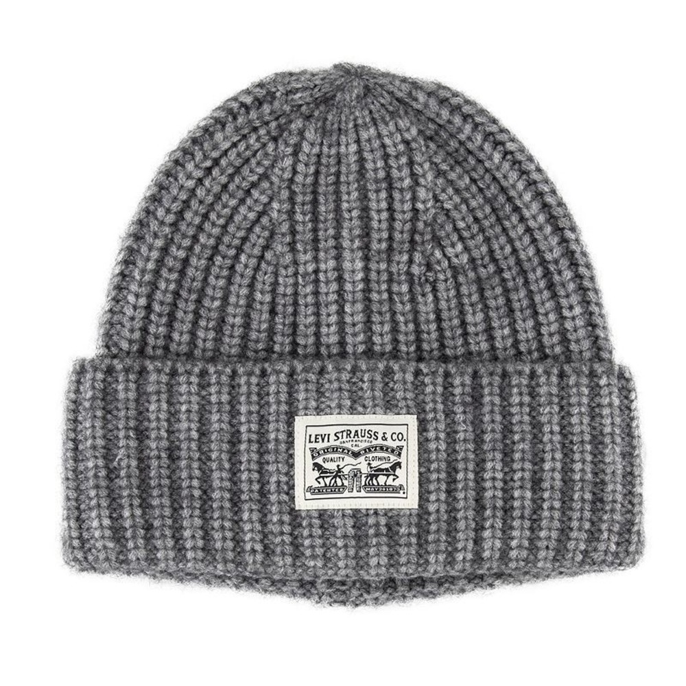 Levi's Chunky Rib Knit Beanie Mens Gray Logo Patch Winter Hat 45LV050044
